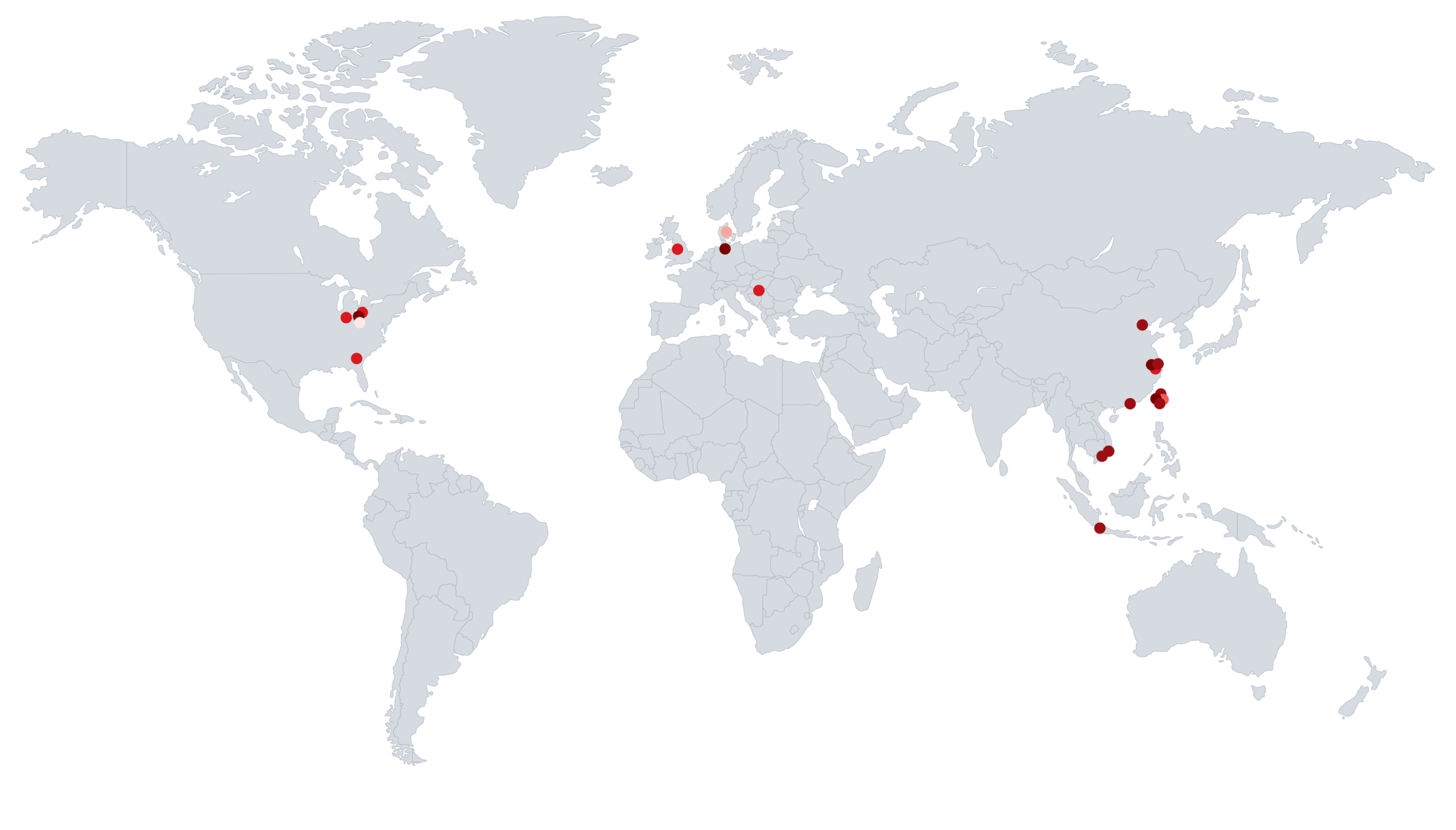A world map with coloured dots marking all of KENDA's locations globally