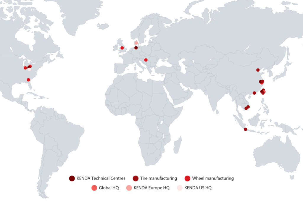 World map with dots indicating the placement of KENDA's technical and manufacturing locations in Europe, the US and Taiwan