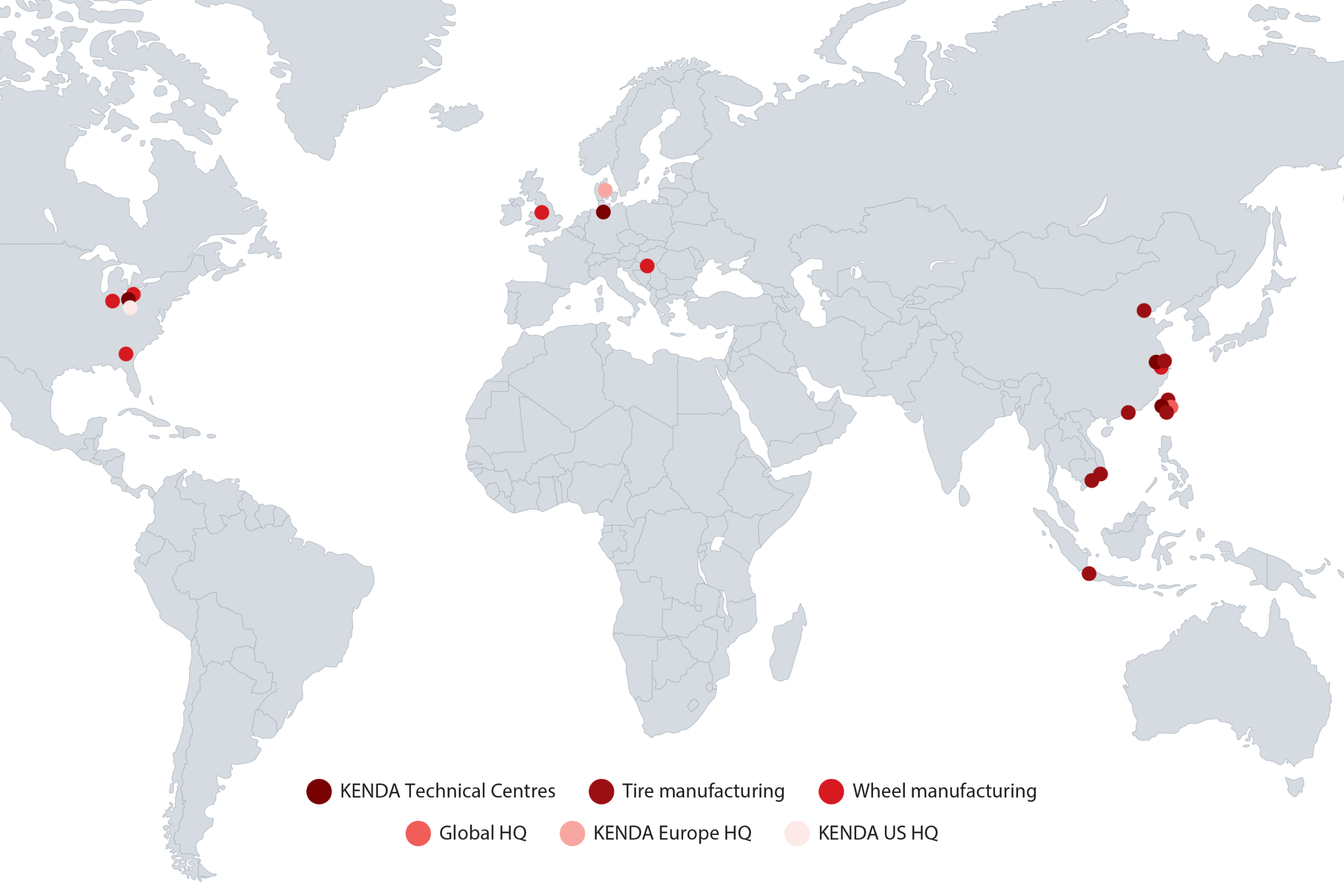 World map with dots indicating the placement of KENDA's technical and manufacturing locations in Europe, the US and Taiwan