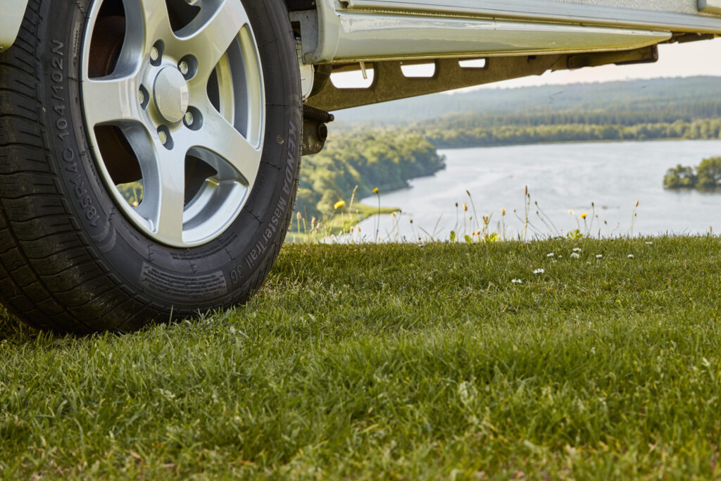 Close up of KENDA tire fitted on alloy wheel