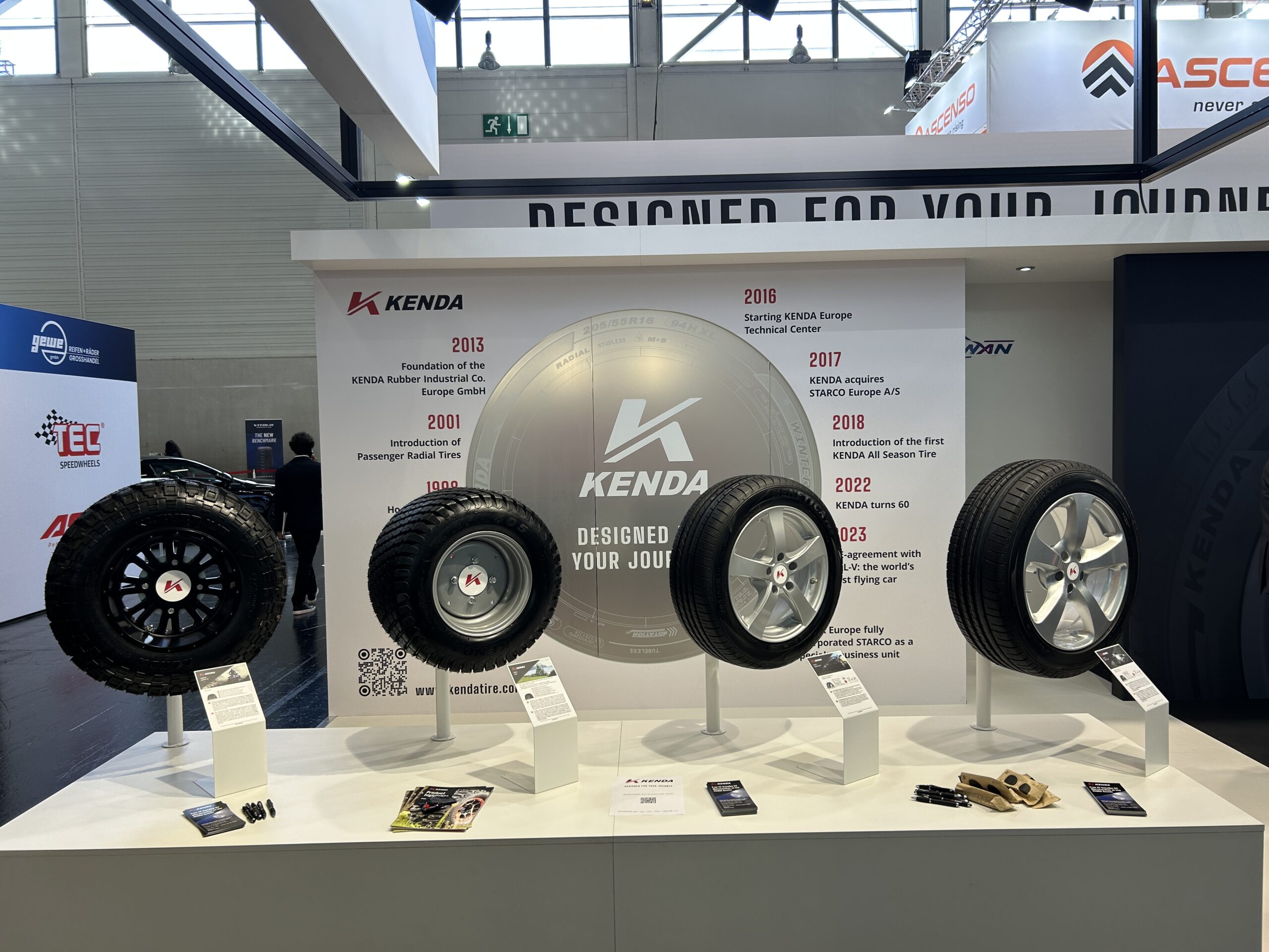 Automotive and specialty tires lined up for display at KENDA's tire cologne stand 2026